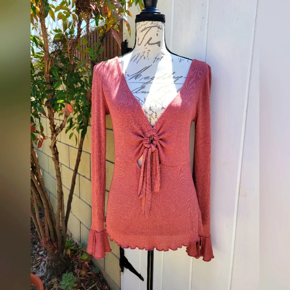 Free People Intimately Cut Out Tied Flutter Long Sleeve‎ Top Shimmer Size M